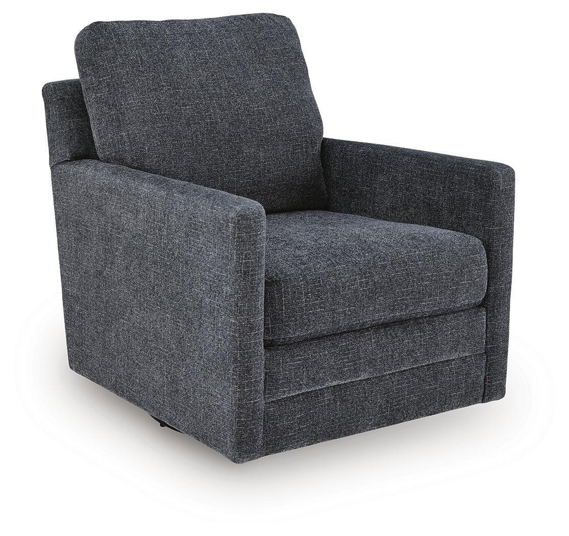 Dark gray swivel accent chair with padded arms and tall backrest.