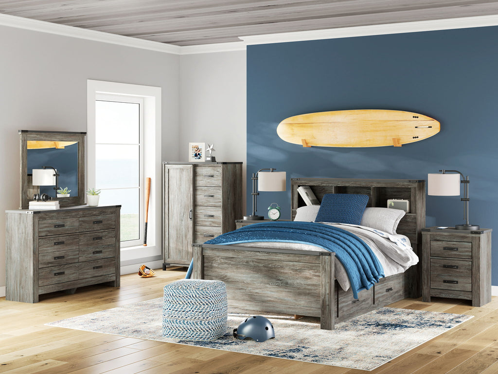 Gray bookcase panel bedroom set with bed and matching storage drawers