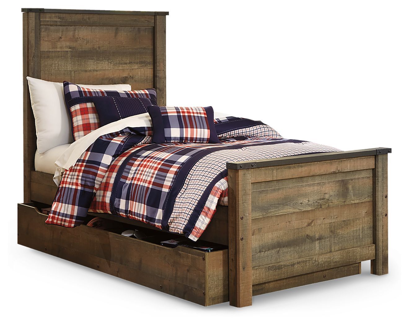 Panel bed with side drawers and plaid bedding in navy, red, and white with pillows