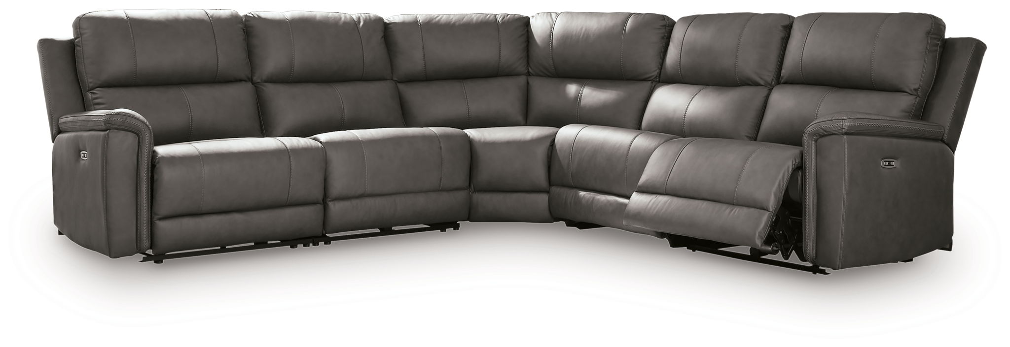 Power reclining sectional sofa, dark gray with padded arms and corner chaise recliner section