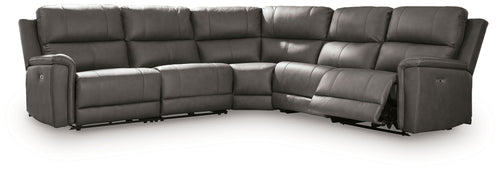 Power reclining sectional sofa, dark gray with padded arms and corner chaise recliner section
