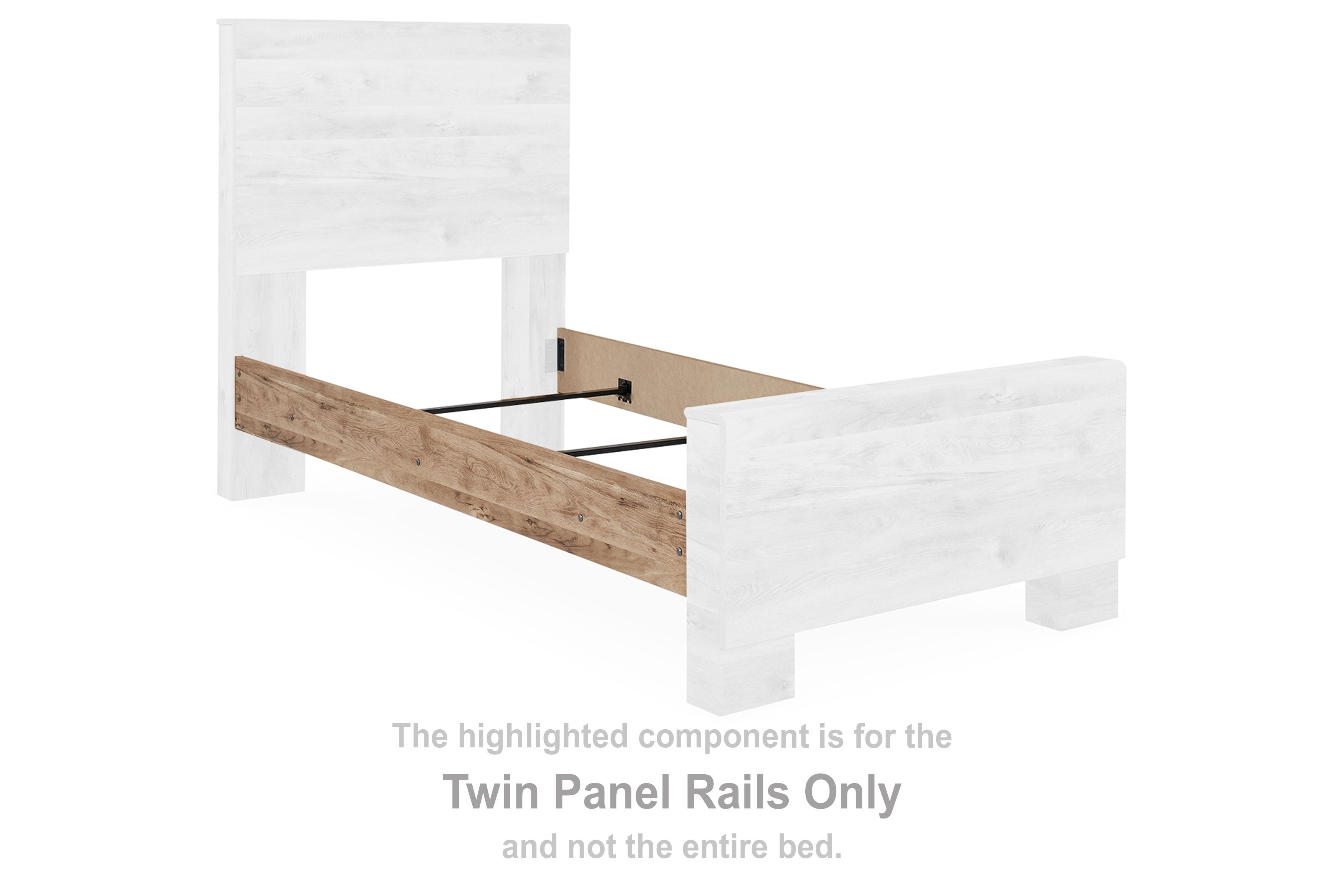 Twin panel rails in tan wood attached to a white bed frame, with black brackets