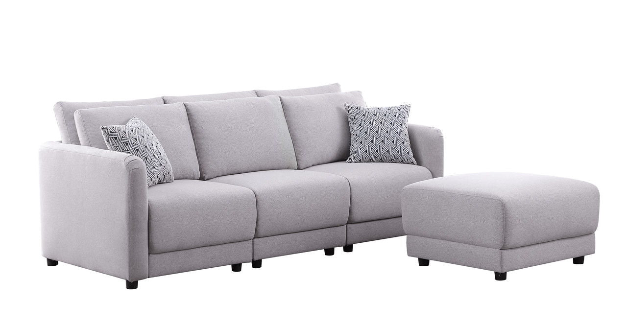 Penelope - Linen Fabric Sofa With Ottoman And Pillows (Set of 2) - Light Gray