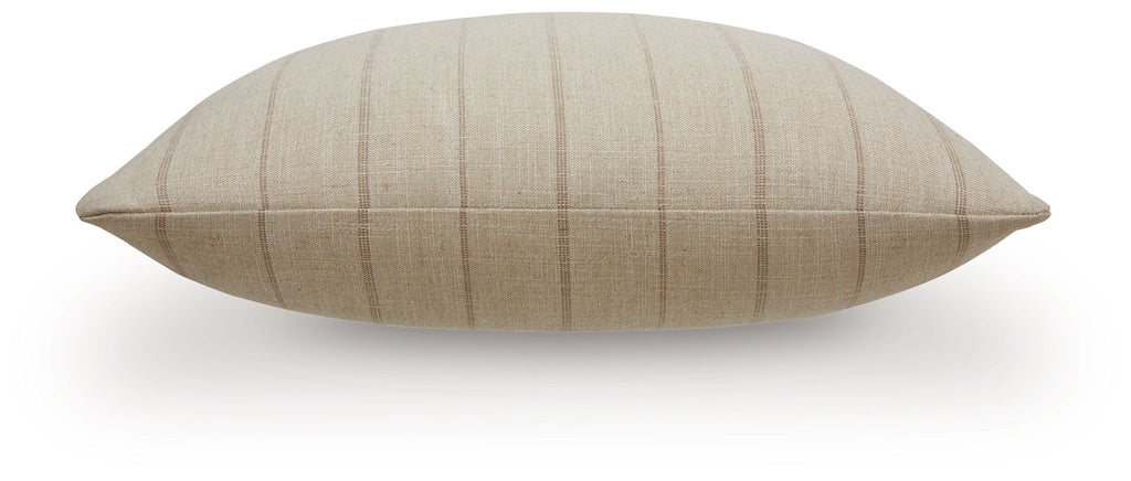 Beige pillow with vertical brown stripes, side view
