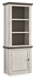 Left pier cabinet with three open shelves and lower door, gray-beige finish
