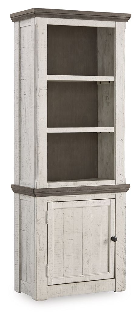 Left pier cabinet with three open shelves and lower door, gray-beige finish