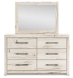 Light natural dresser with mirror; front view shows six drawers with black bar pulls