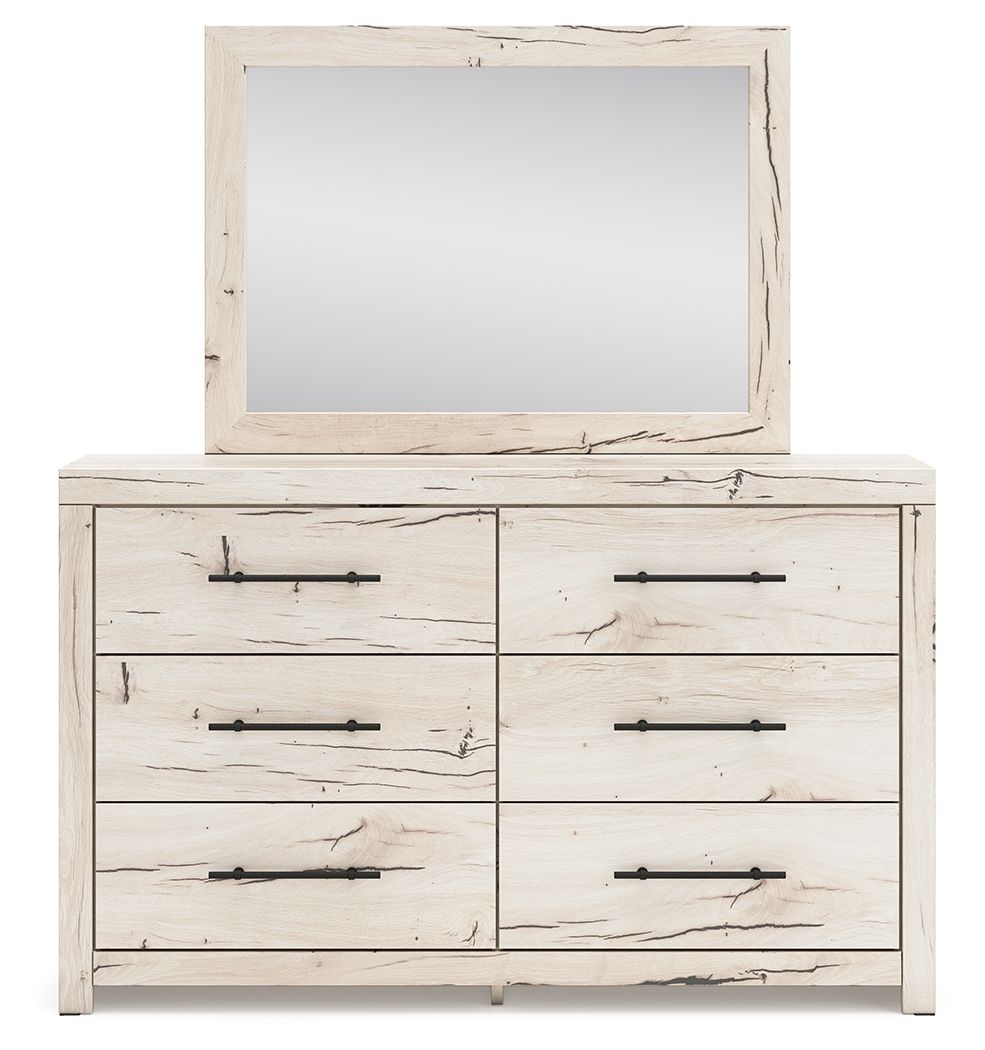 Light natural dresser with mirror; front view shows six drawers with black bar pulls