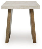 Rectangular table with concrete-look top and light brown tapered legs