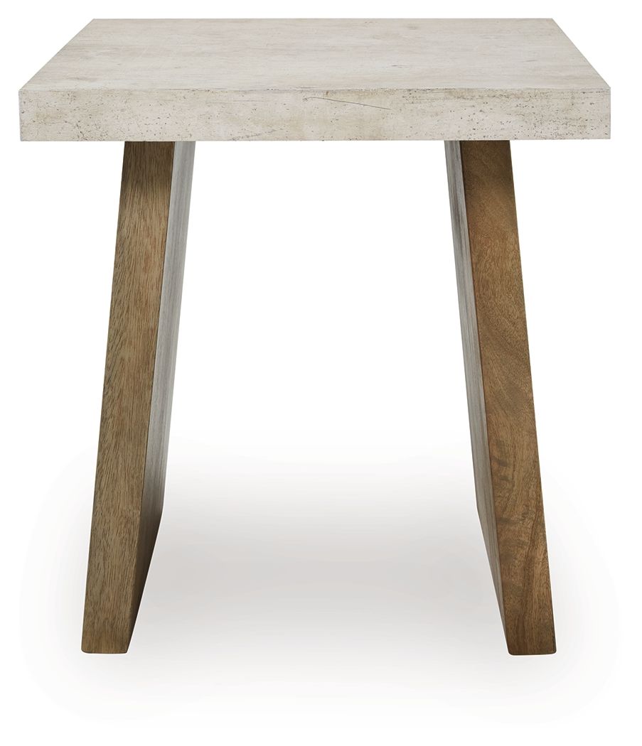 Rectangular table with concrete-look top and light brown tapered legs