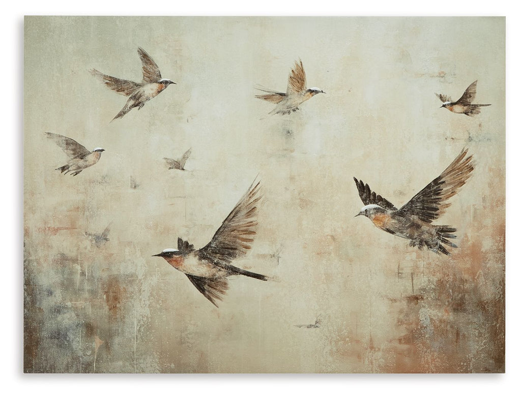 Bird wall art print with gray and brown flying birds on beige abstract background