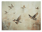 Bird wall art print with gray and brown flying birds on beige abstract background