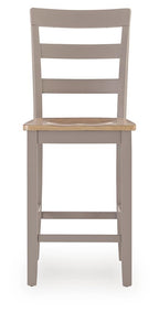 Gray barstool front view with natural wood seat and slatted back