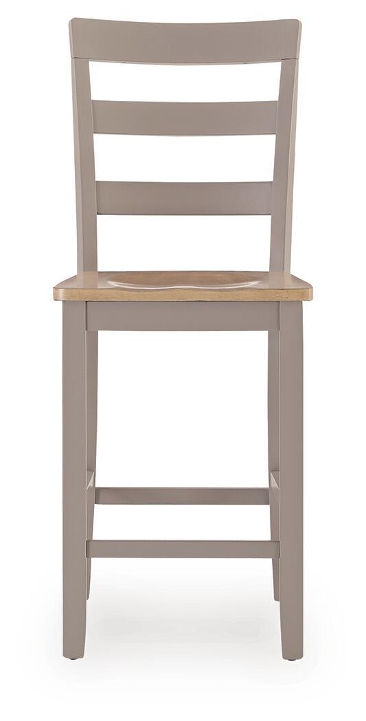 Gray barstool front view with natural wood seat and slatted back