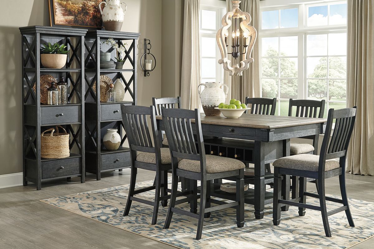 Dark gray counter height dining table set with four slat-back bar stools