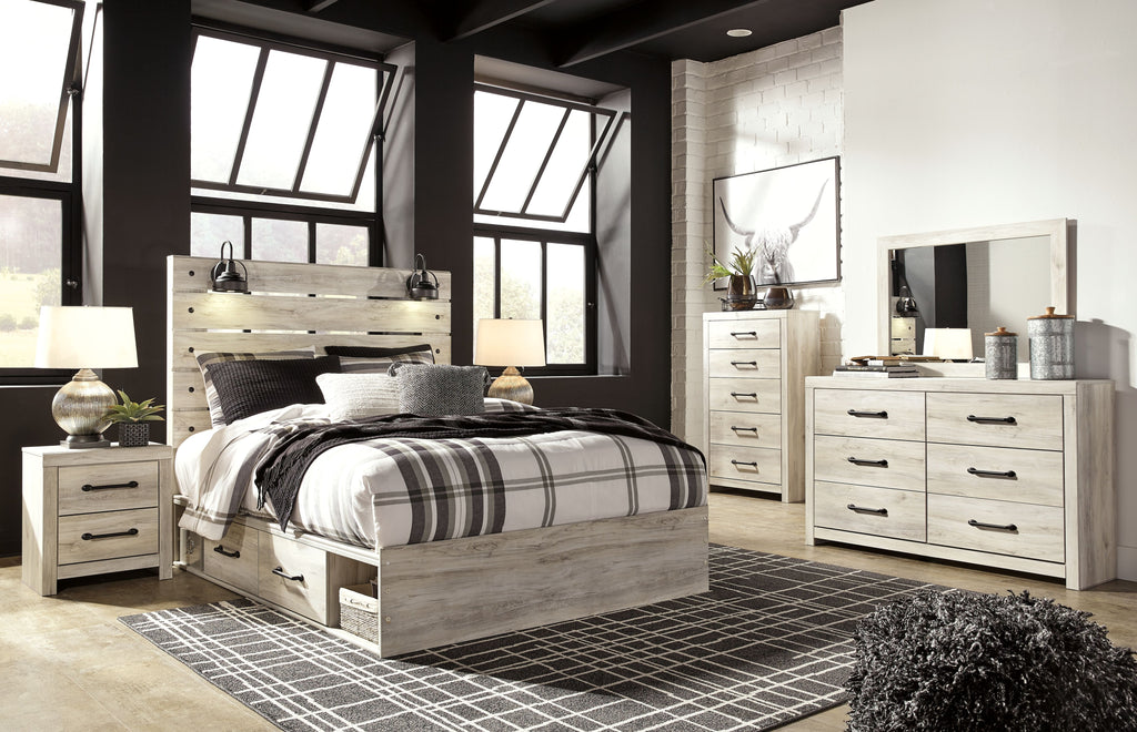 Bedroom furniture set with light wood bed, dresser with drawers, mirror, and nightstands