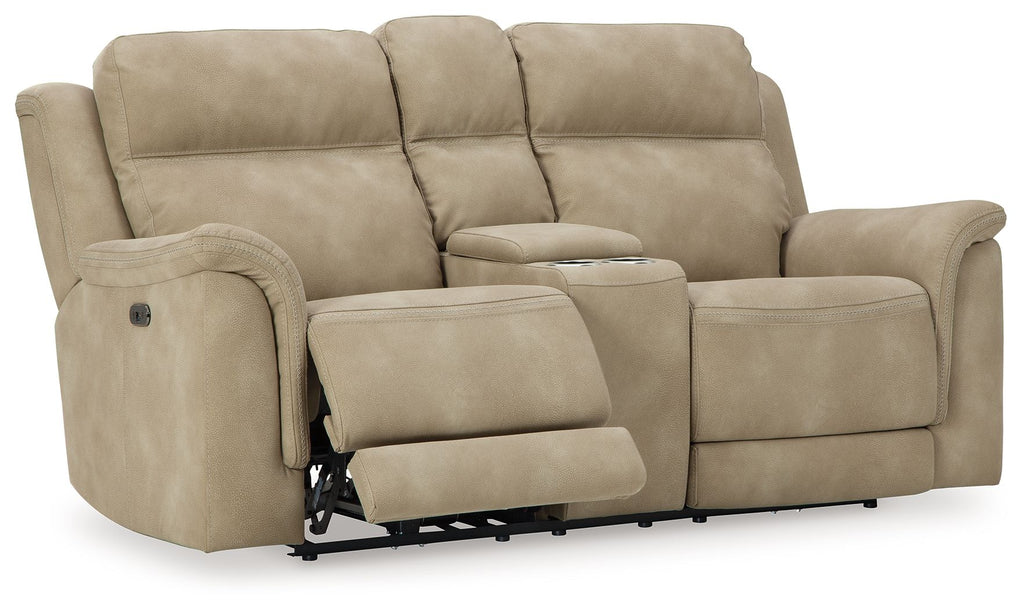 Beige reclining power loveseat with extended footrest and padded armrests