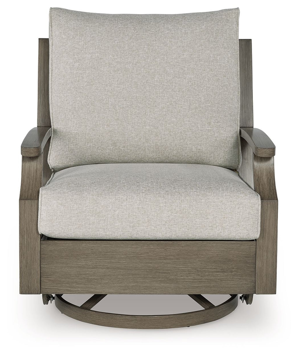 Swivel glider chair with cushion, light beige seat and back with dark brown arms