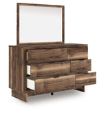 Brown wooden dresser with square mirror, multiple drawers and open cabinet section
