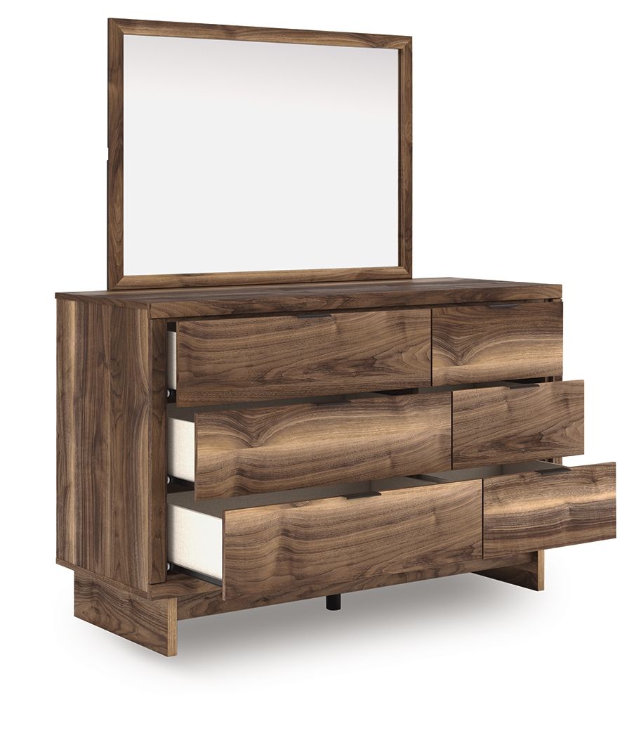 Brown wooden dresser with square mirror, multiple drawers and open cabinet section