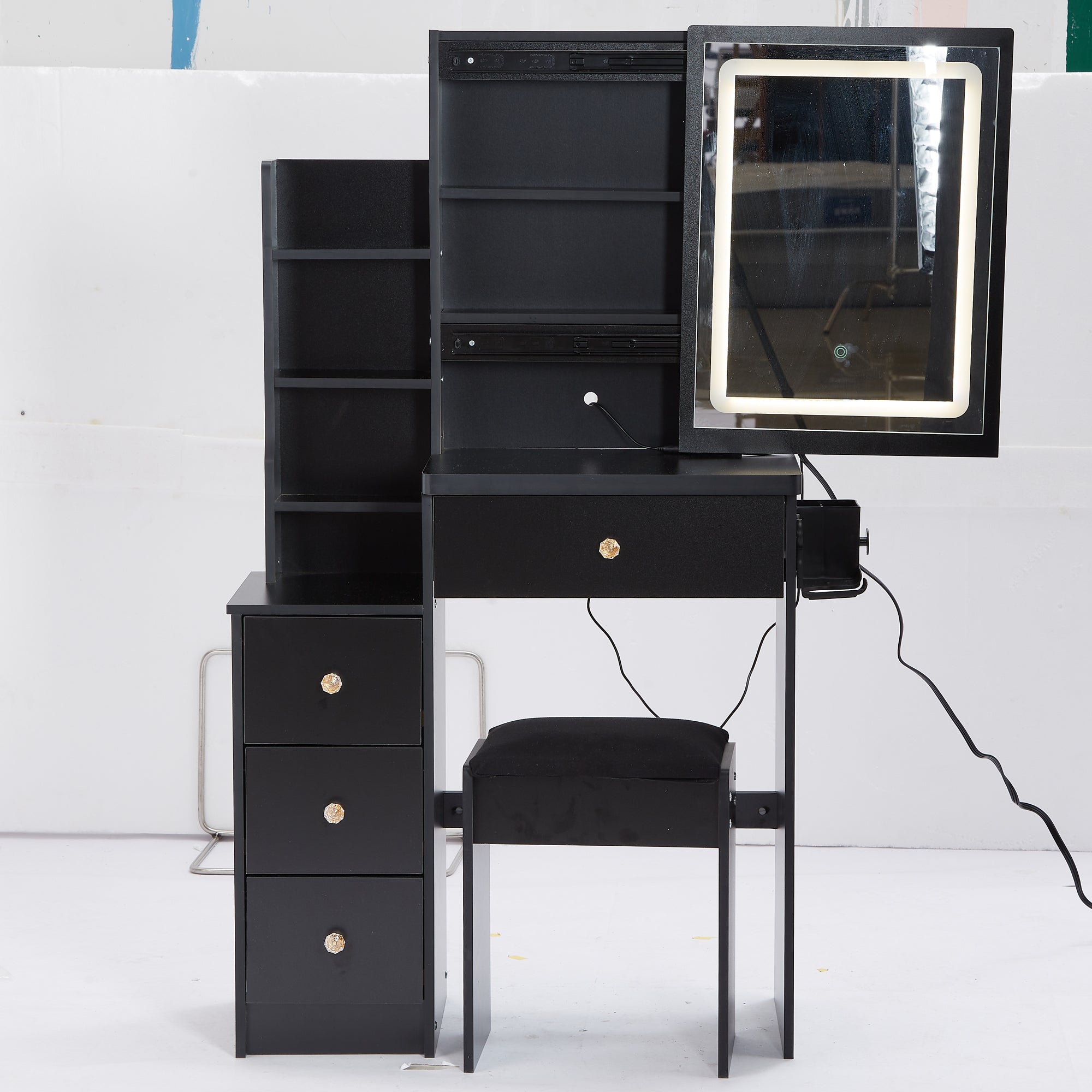 29.2" Vanity Table w/Sliding LED Mirror, Power, Stool, Left Bedside