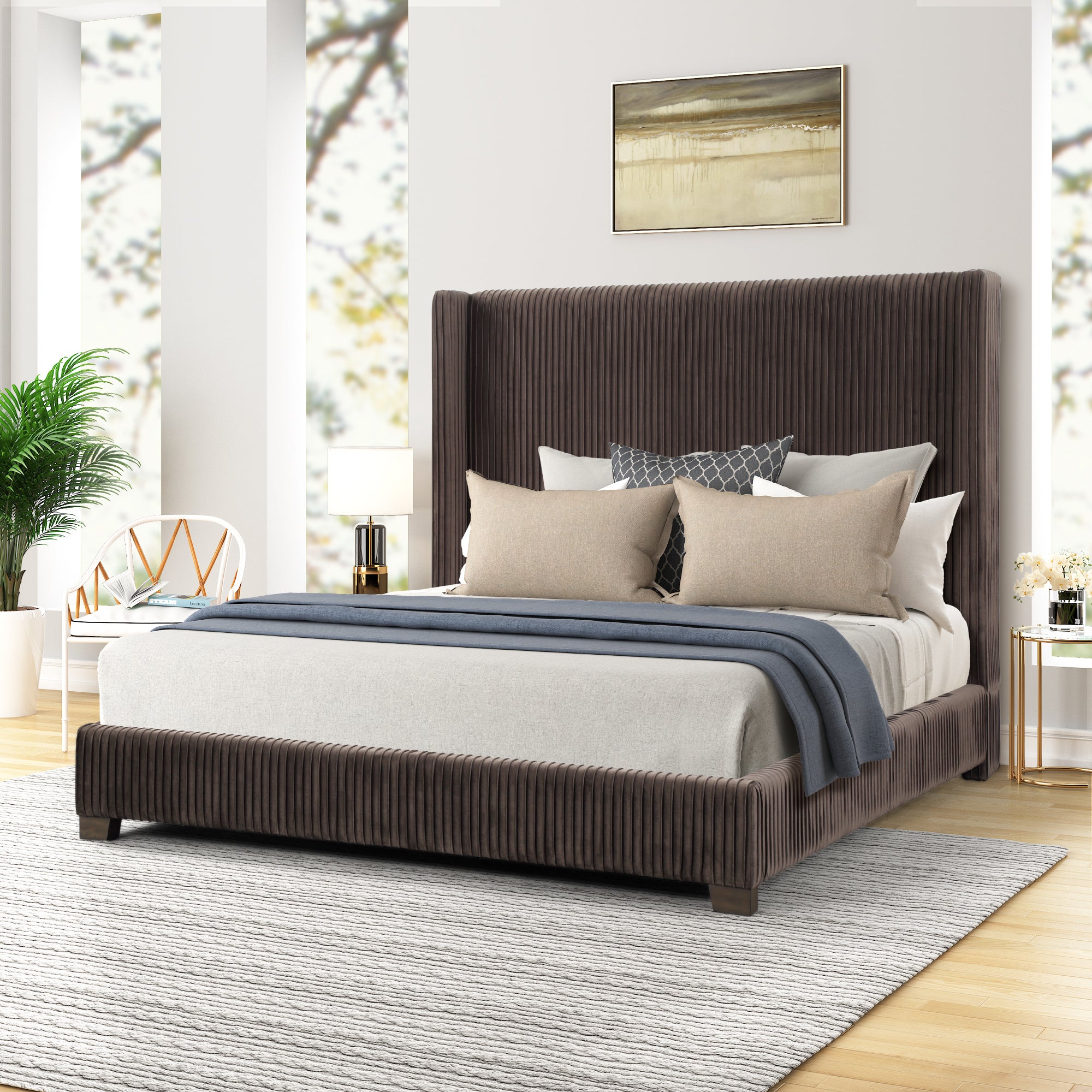 Dark Brown Queen Upholstered Bed in a Box - Modern, Easy Assembly
