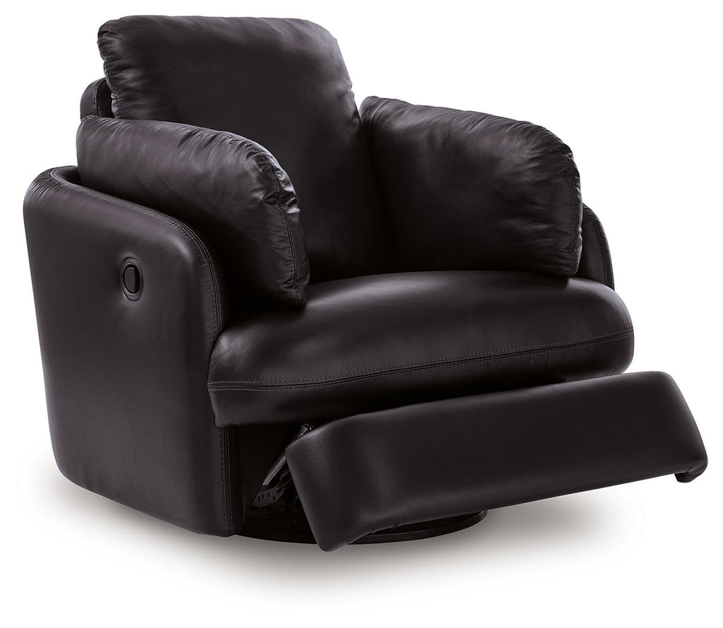 Black swivel glider recliner with footrest extension and deep, cushioned back