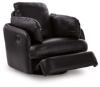 Black swivel glider recliner with footrest extension and deep, cushioned back