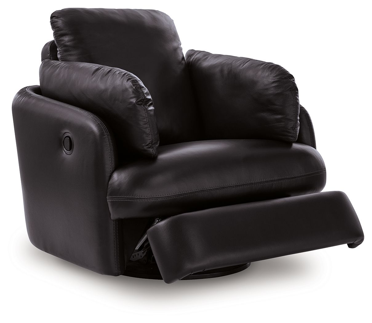 Black swivel glider recliner with footrest extension and deep, cushioned back