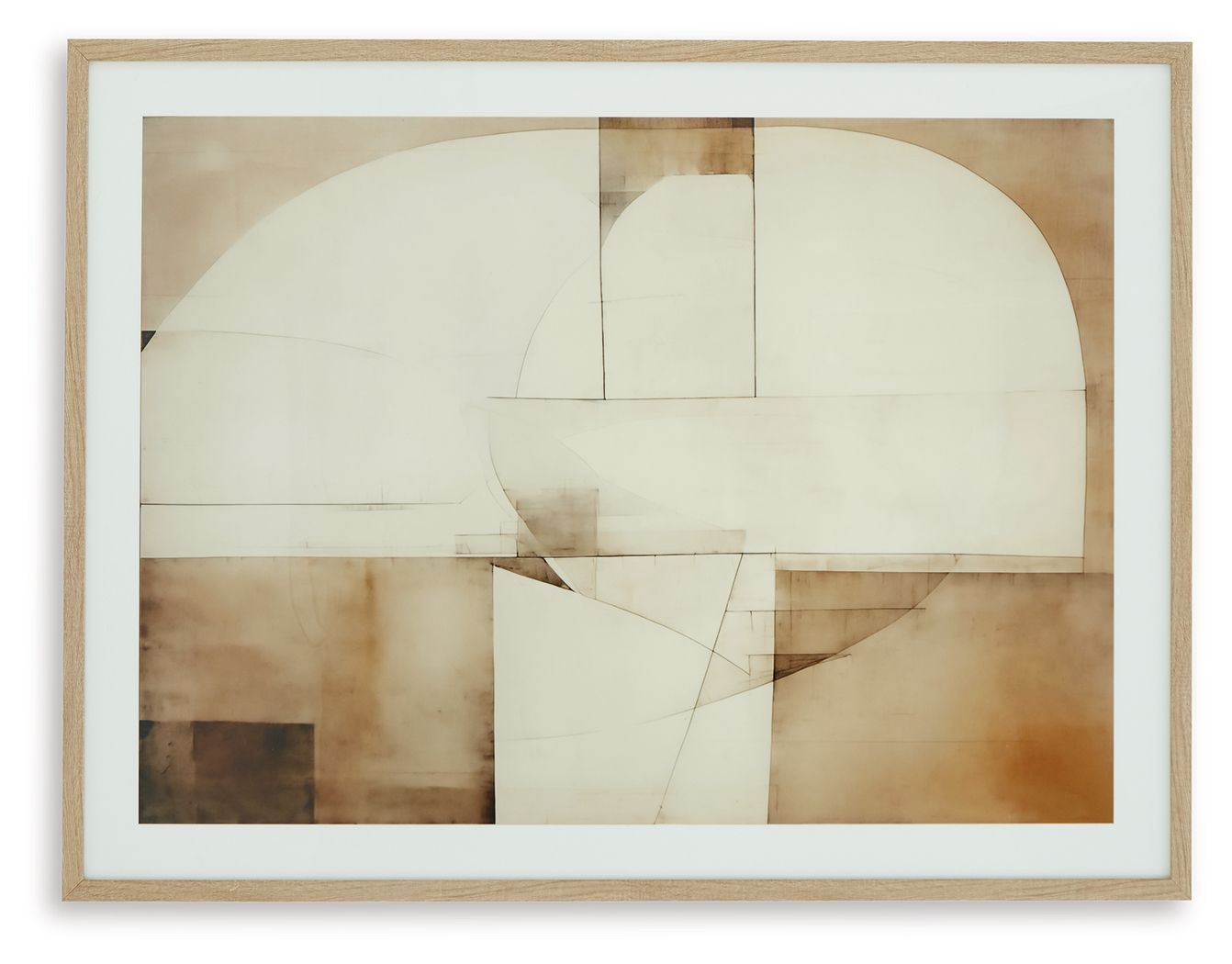 Framed abstract wall art print with arched white form and tan-brown geometric blocks.