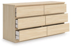 Light brown six-drawer dresser showing side drawer handles and metal runners