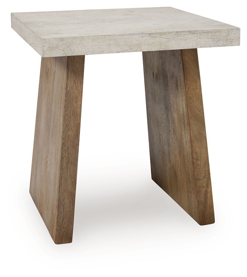 Rectangular table with light brown legs and concrete-look tabletop, side view