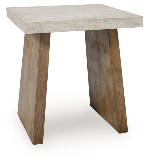Rectangular table with light brown legs and concrete-look tabletop, side view