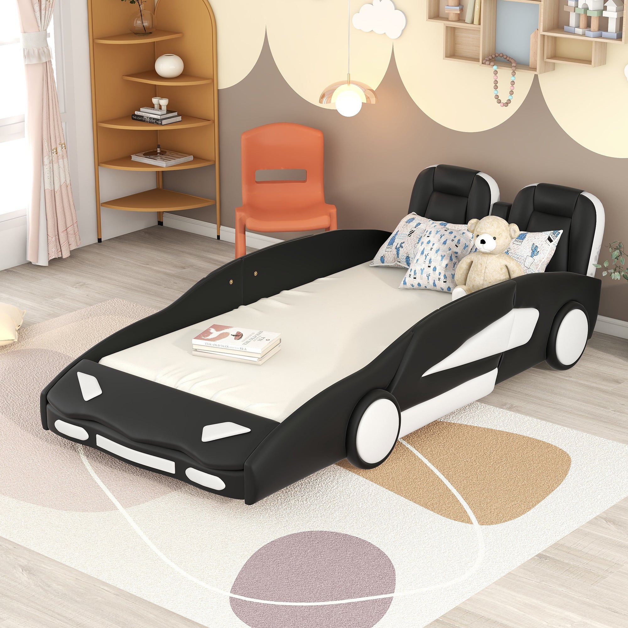 Twin Black Race Car Platform Bed with Wheels