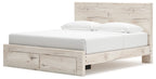 Beige panel bed with storage drawers, low rails and upholstered light headboard
