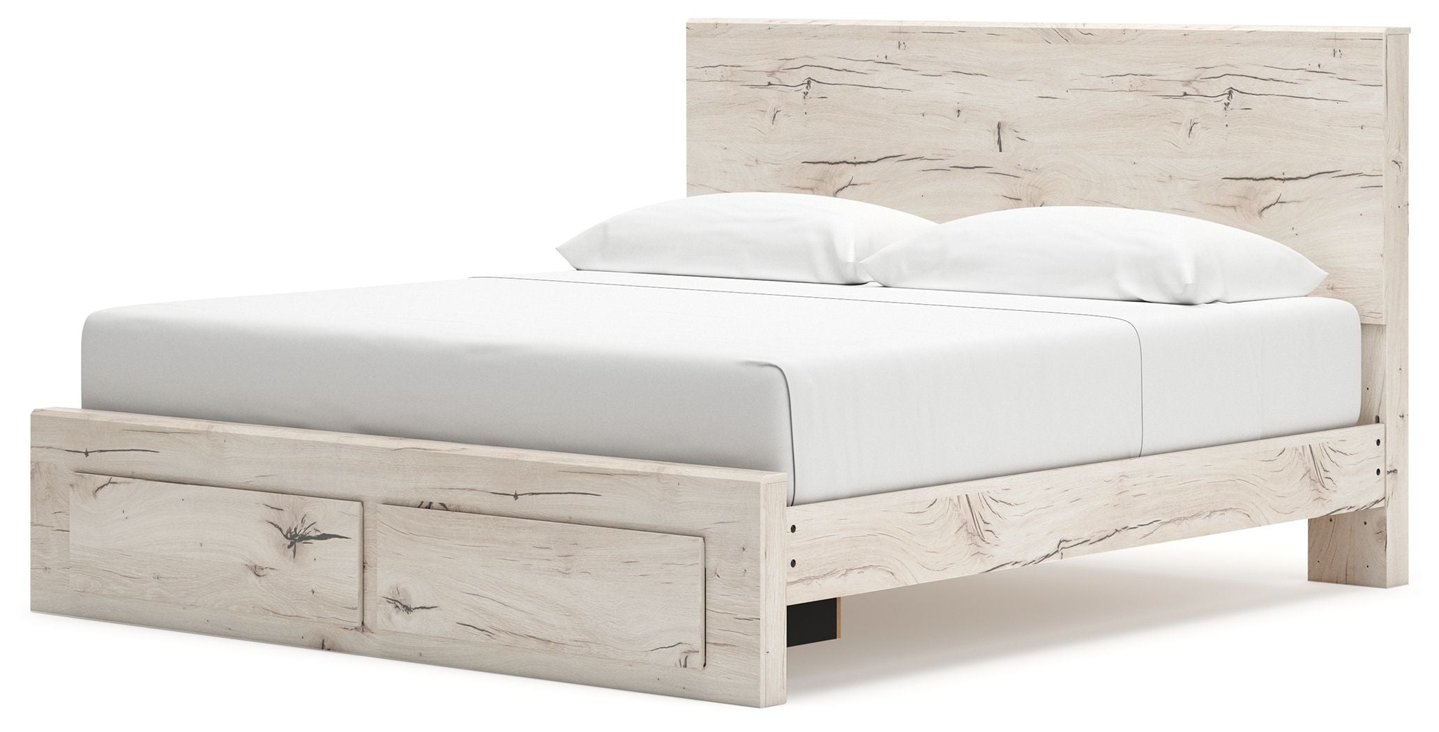 Beige panel bed with storage drawers, low rails and upholstered light headboard