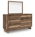 Six-drawer brown dresser with wall mirror; wood-grain drawer fronts and slim legs.