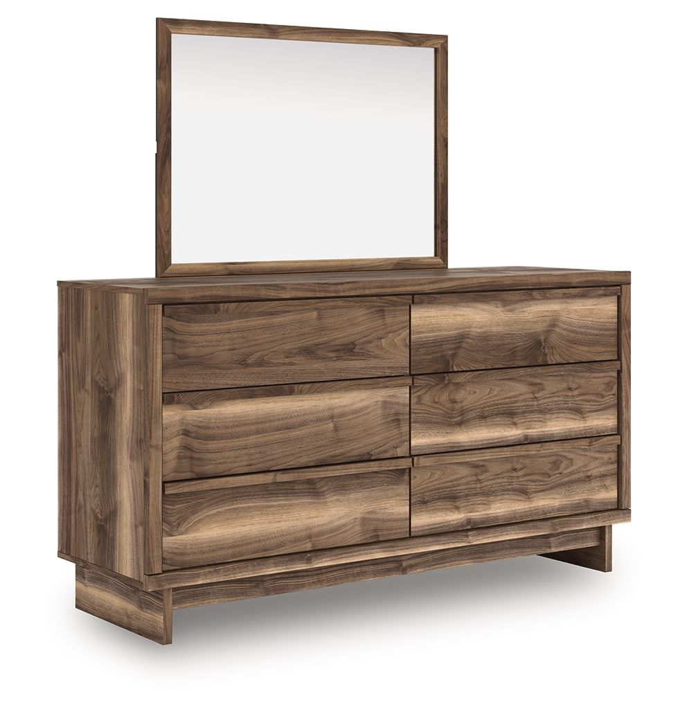 Six-drawer brown dresser with wall mirror; wood-grain drawer fronts and slim legs.