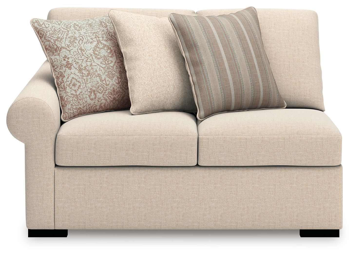 Beige loveseat with two cushioned seat panels, three accent pillows, and dark legs