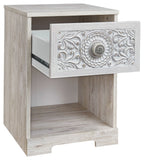 Whitewash one-drawer night stand with drawer handle and open lower shelf