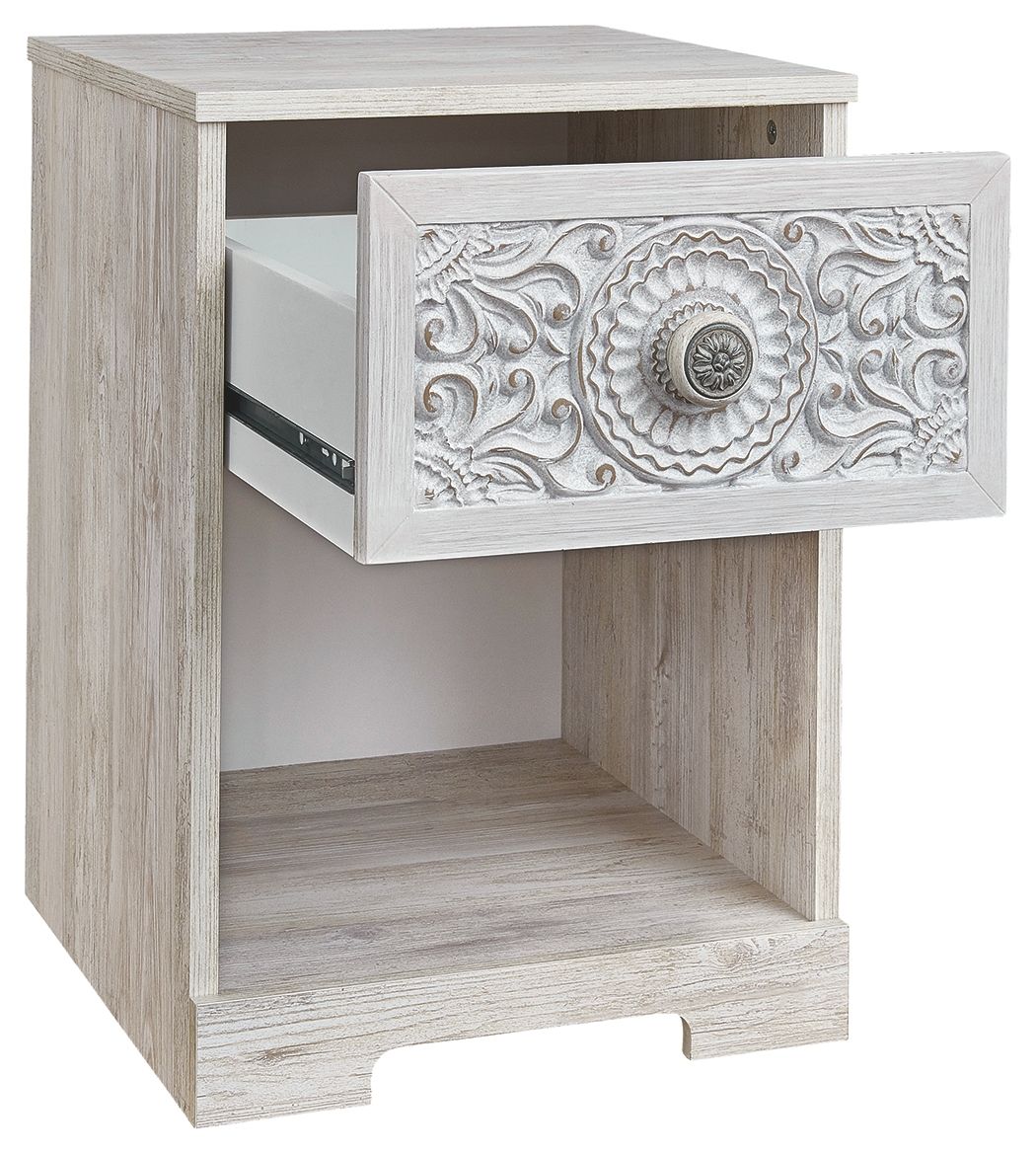 Whitewash one-drawer night stand with drawer handle and open lower shelf