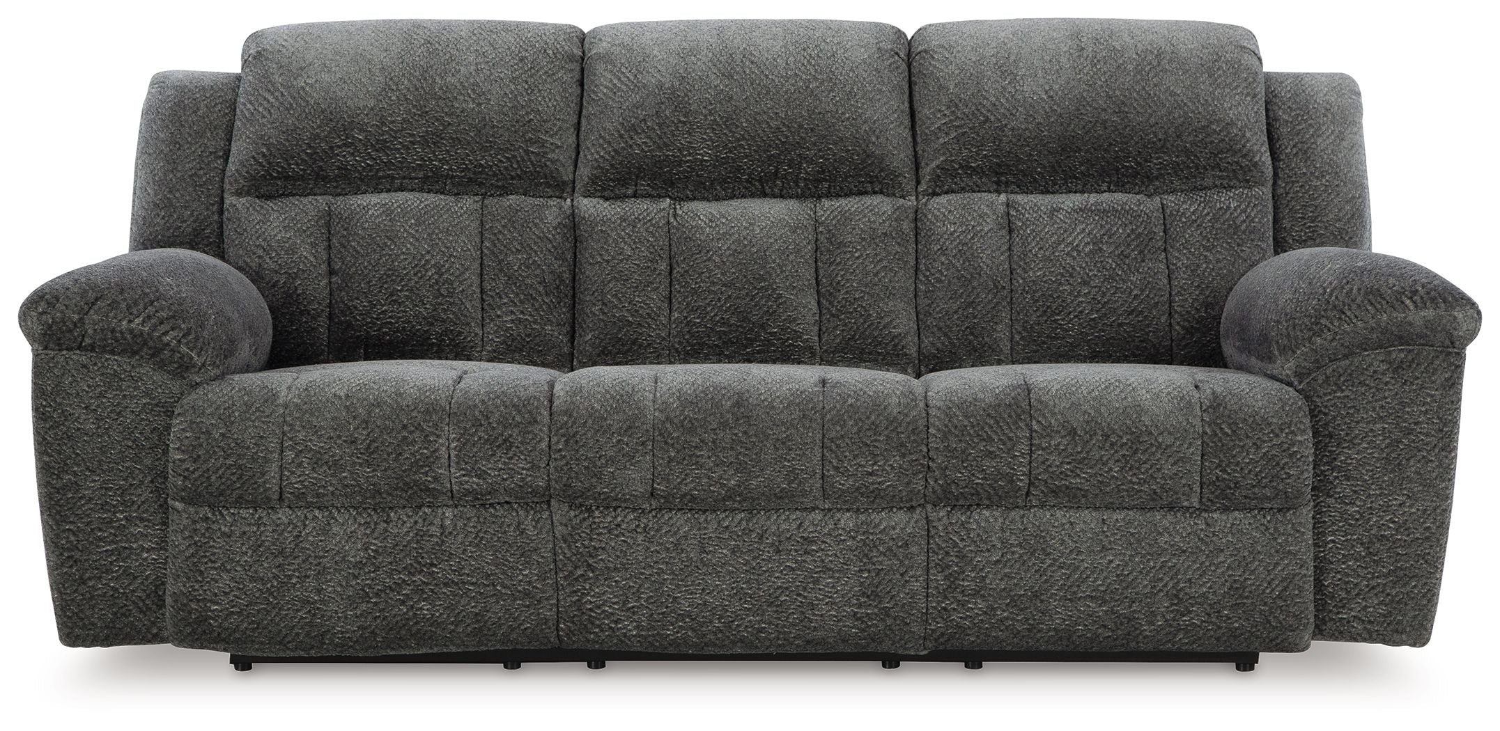 Graphite gray reclining sofa with tufted seat and back, padded rounded arms, and legs