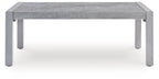 Gray rectangular table with stone-look top and four legs, front view