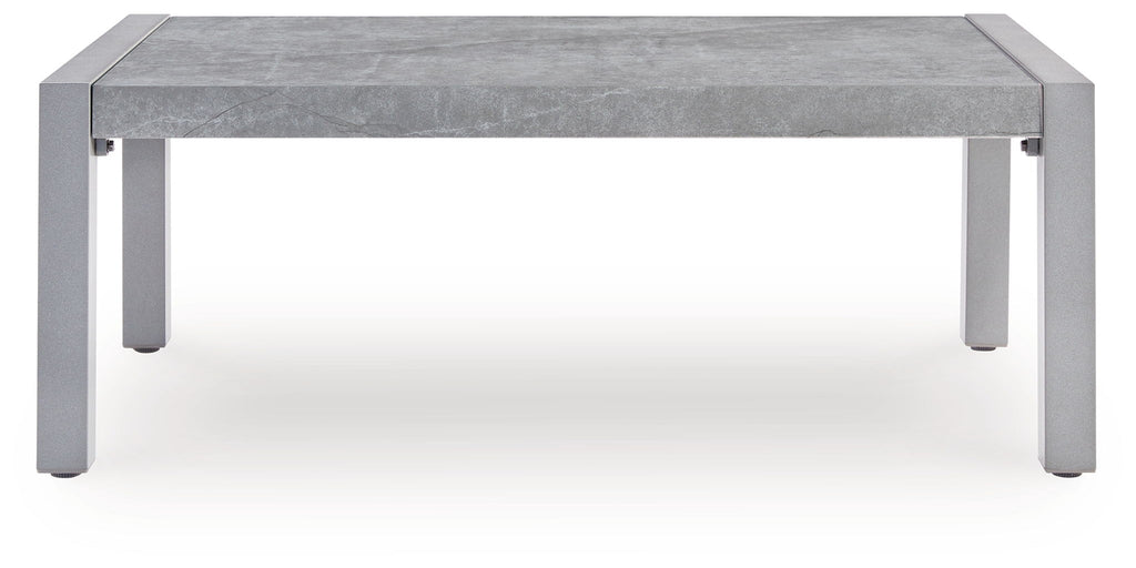 Gray rectangular outdoor coffee table with four legs and tabletop