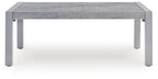 Gray rectangular outdoor coffee table with four legs and tabletop
