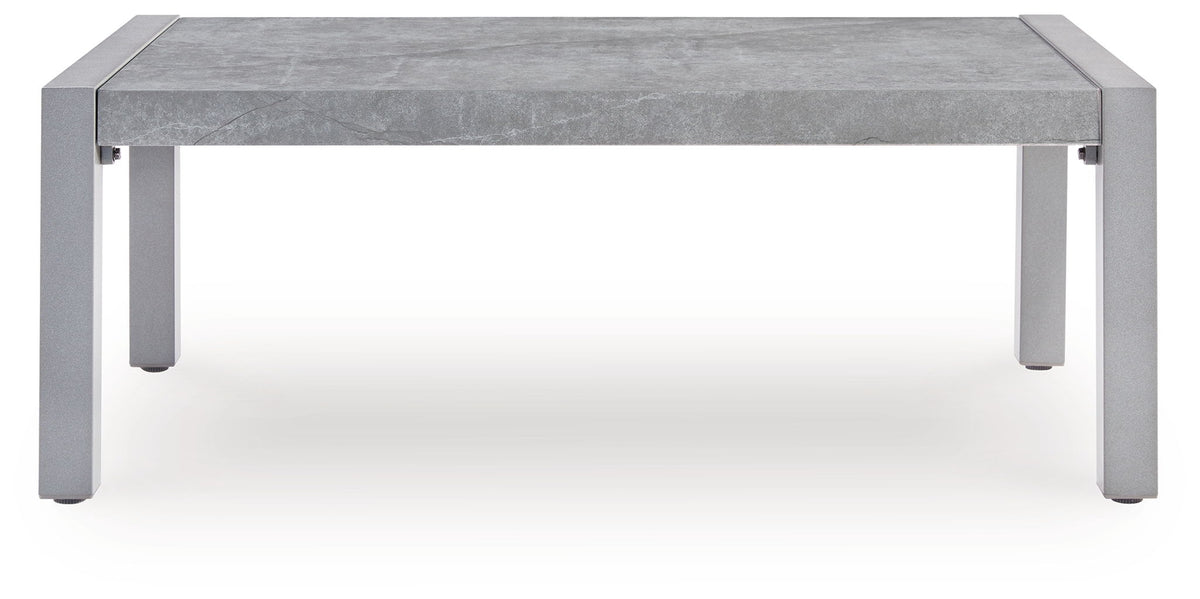 Gray rectangular outdoor coffee table with four legs and tabletop