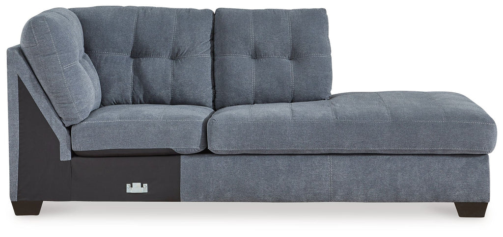 Blue denim corner chaise with tufted back cushions and padded seat