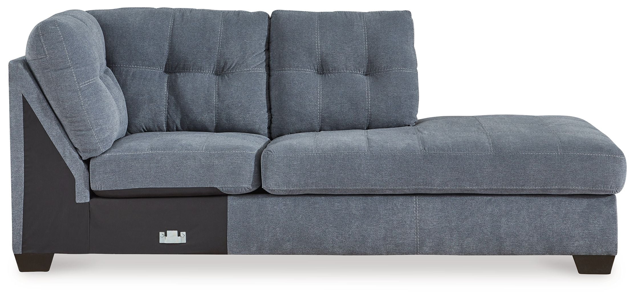 Blue denim corner chaise with tufted back cushions and padded seat