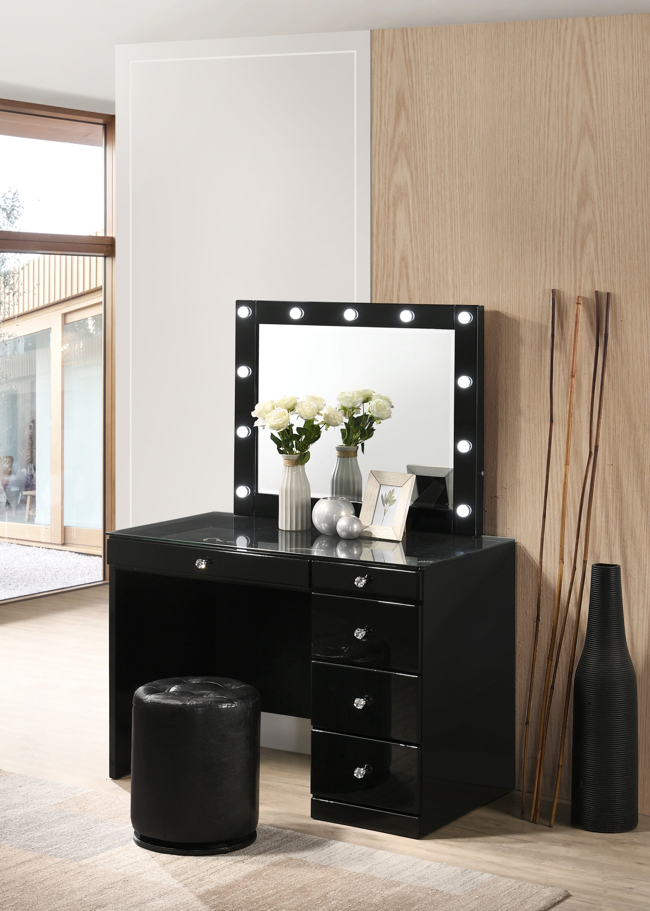 3pc Black Makeup Vanity Set Lighted Mirror, Glass Top & Stool