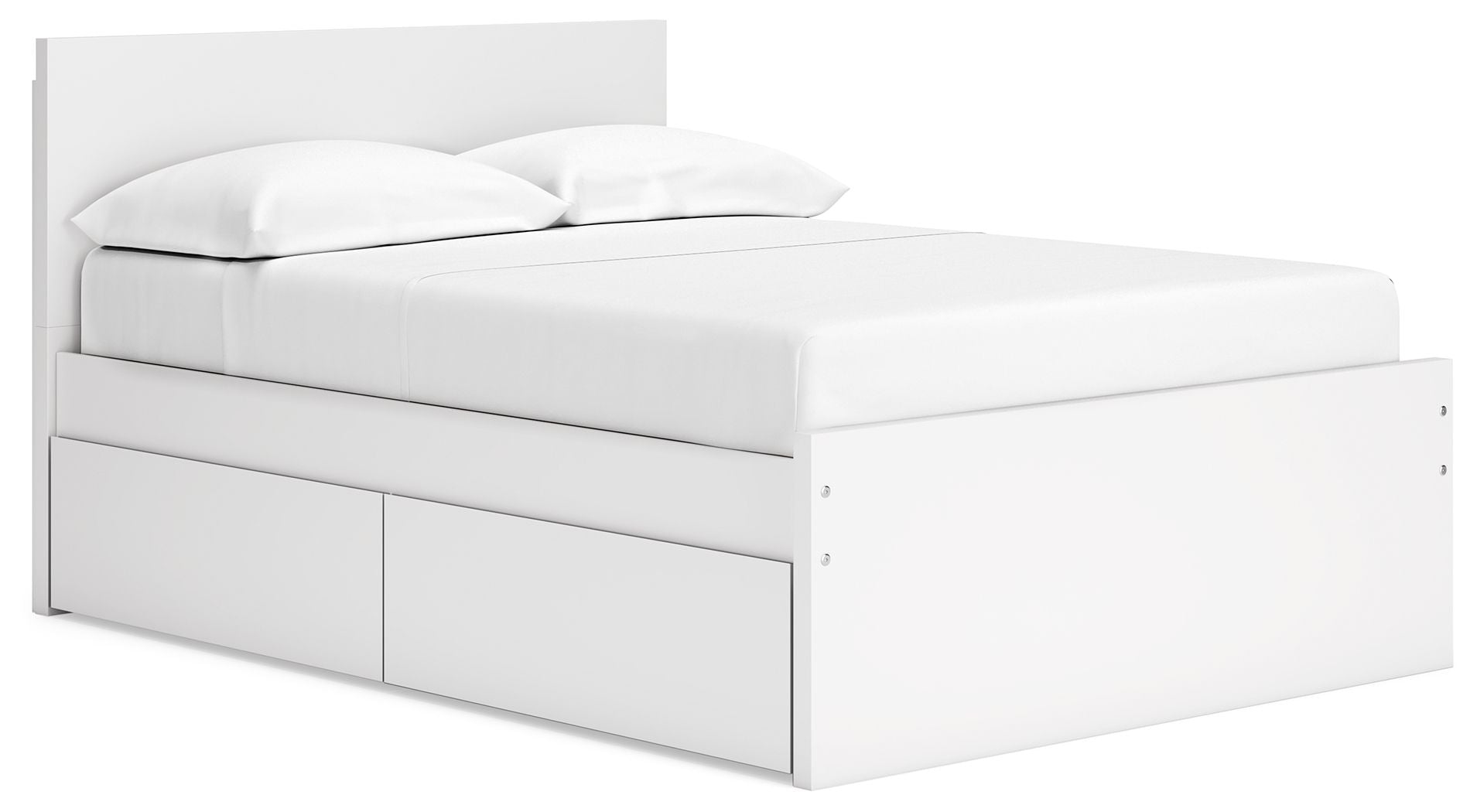 White panel platform bed with headboard and two side storage drawers.